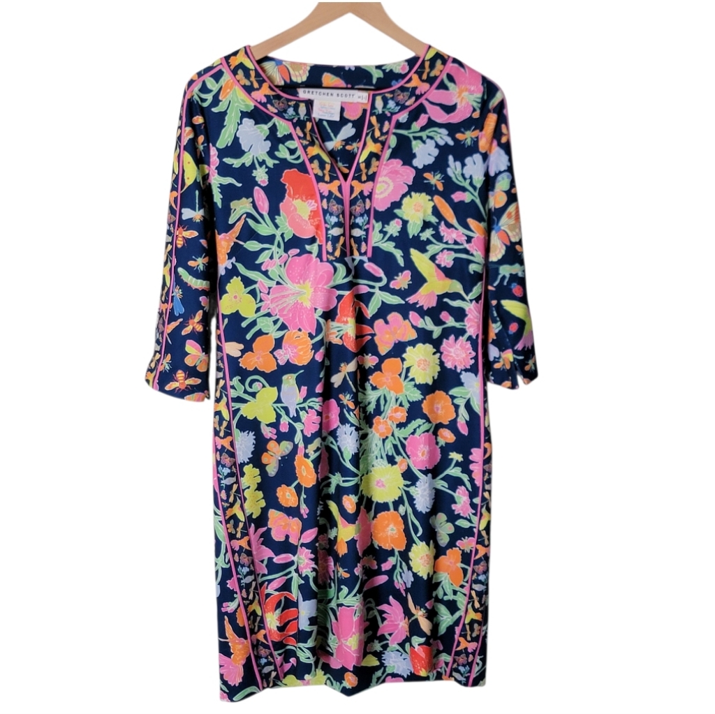 Gretchen Scott Glorious Jersey Split Neck Dress Multi Tropical Butterflies Sz S
